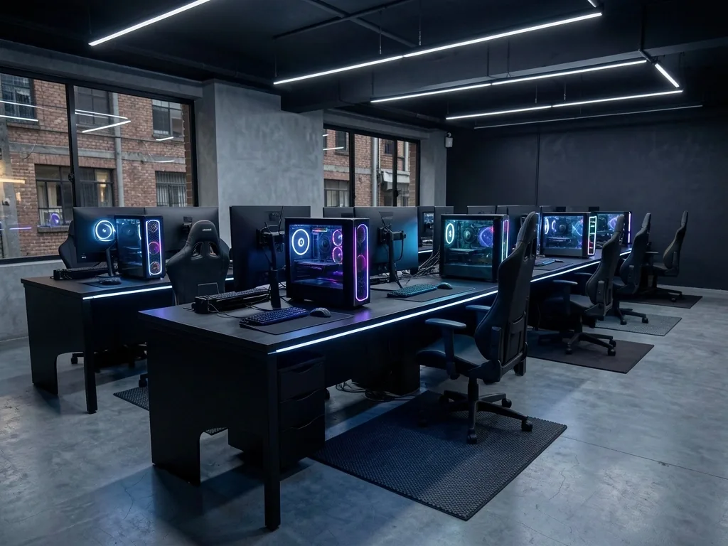 Interior del club de cómputo con estaciones profesionales
